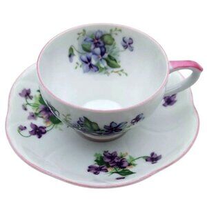 Violets Tea Cup and Saucer Bone China Porcelain Vintage Floral Japan